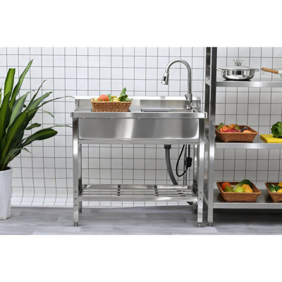 Utility Sink Freestanding Stainless Steel With Unique Black And Silver Style, 39 In Depth, 20 Width, 35 Height, 34 Lbs, Big Compartment For Common Items, Pull - Out Faucet Easy Cleaning Contrast