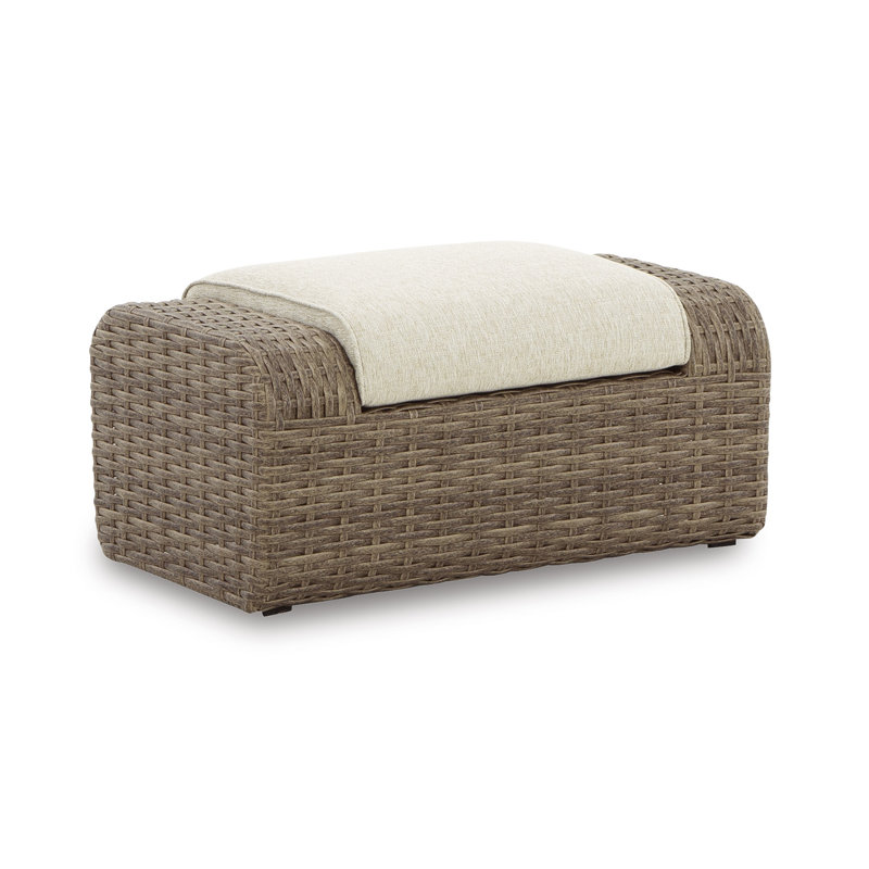 Beige Resin Wicker Outdoor Ottoman with Cushion