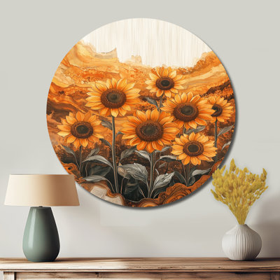 Autrum Sunflowers Field Into The Woods II - Sunflowers Round Metal Prints