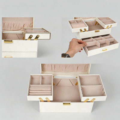 Boîte à bijoux, grand étui de rangement pour bijoux à 3 couches avec tiroir, plateau pliable et support en métal mobile, conception peu encombrante pour bagues, colliers, boucles d'oreilles et bracelets, moderne