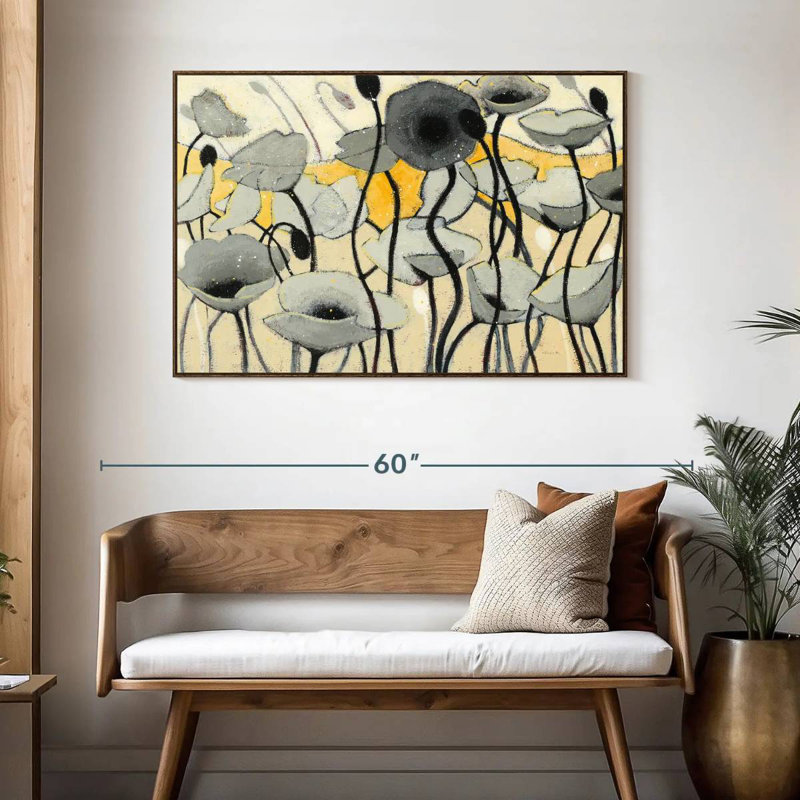 Fleur de jour de neige gris, 46 po x 31 po, Cadre flottant en noyer