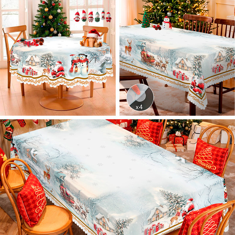 1pc round/rectangular polyester tablecloth, Christmas tablecloth with pine, snowman, truck, embosed edge, Christmas decorations for dining table, festival party holiday table decoration, perfect festival gift