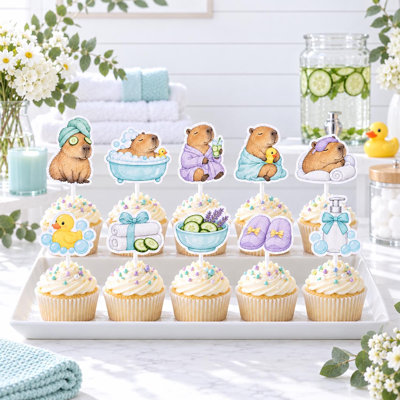 «Capybara Birthday Cupcake Toppers», 10 choix de papier cartonné de fête de spa lilas turquoise
