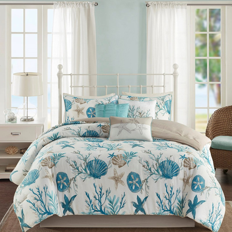 Édredon 7 pièces pour grand lit - thème côtier avec coquillages imprimés et coussins décoratifs étoile de mer, coraux éclatants