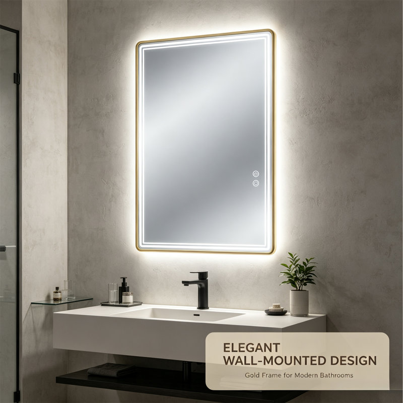 47 x 31" LED Illuminated Bathroom Mirror, Gold Framed Vanity Wall Mirror with Touch Control & Defogging Function