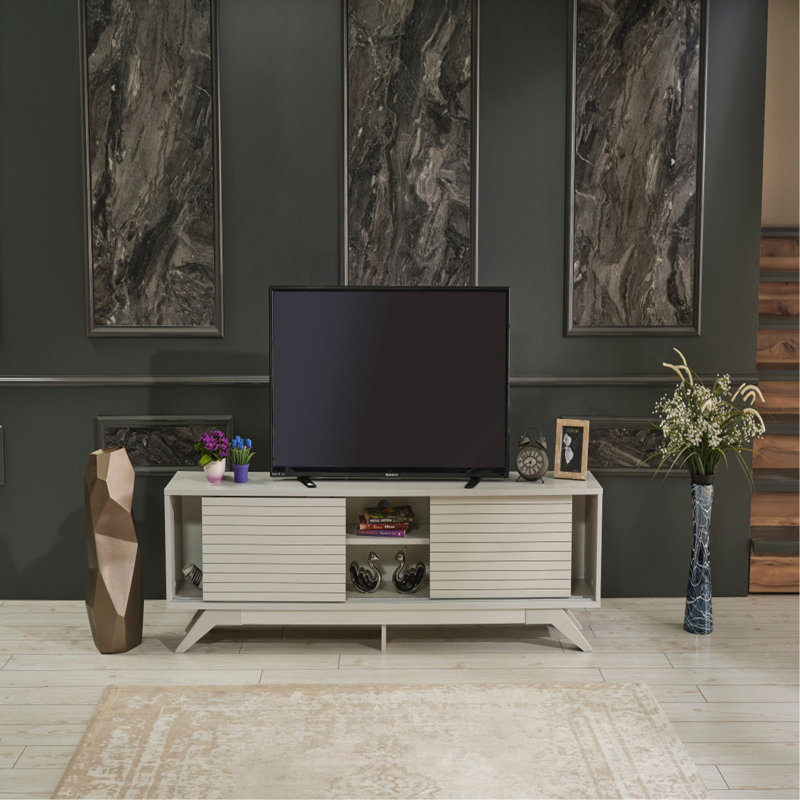Meuble télé Mid-Century 2 portes coulissantes 2 tablettes et meuble télé 67 po