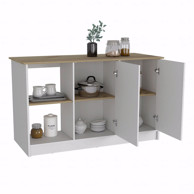 Îlot de cuisine, quatre tablettes ouvertes, deux armoires, Blanc