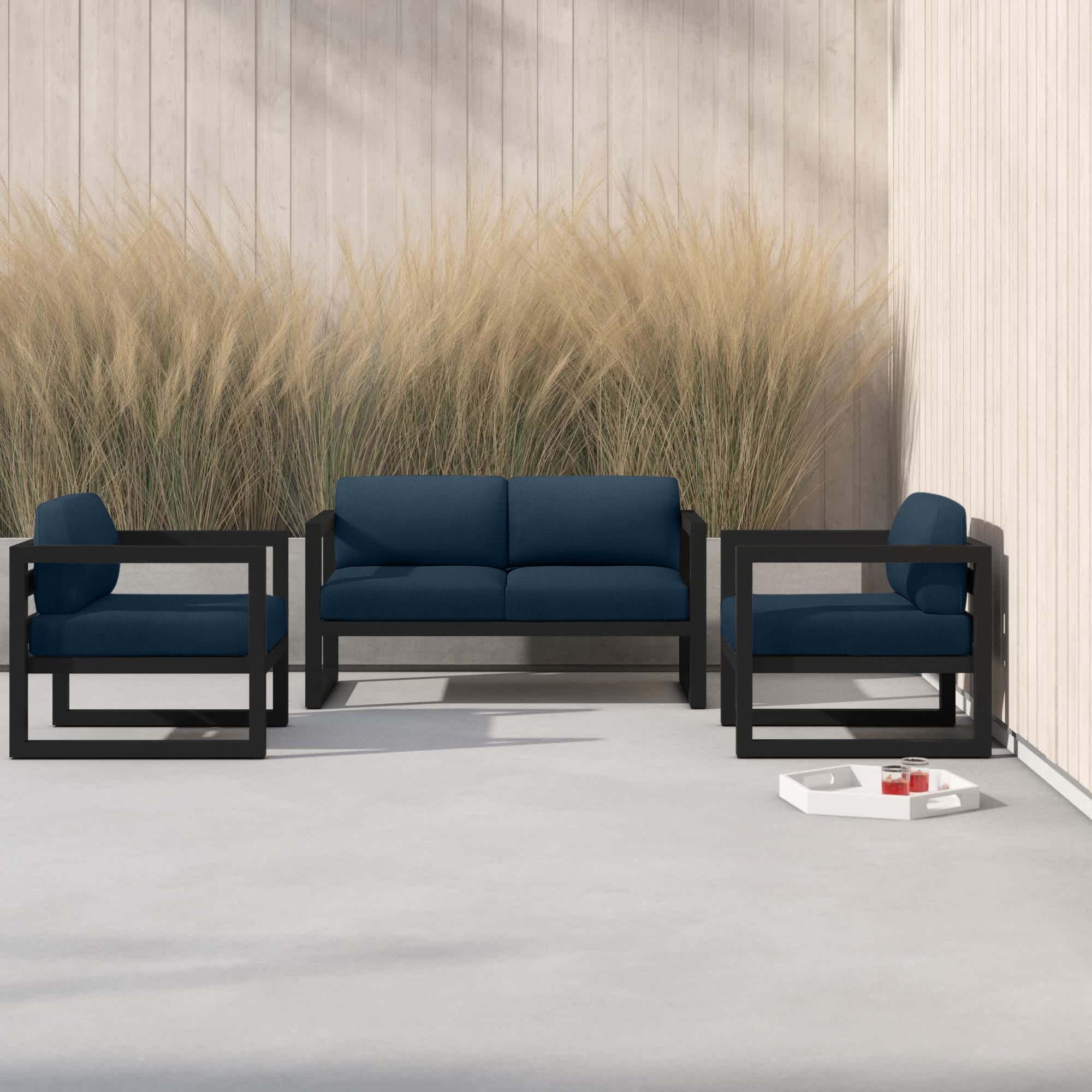 Smith 3 Piece Sofa Seating Group with Sunbrella Cushions, Black, Spectrum Peacock
