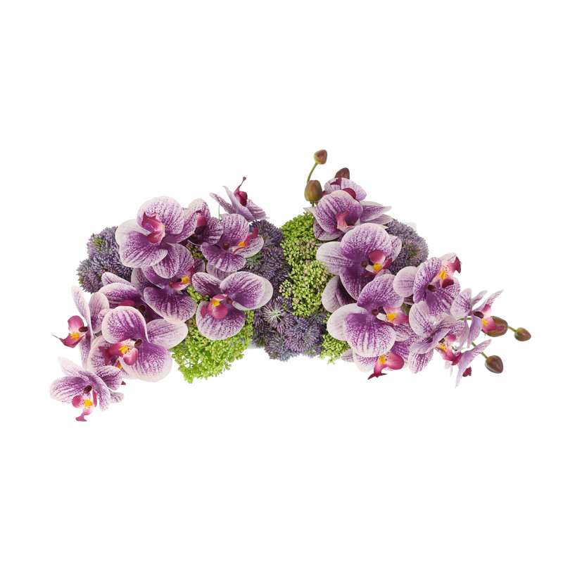 Orchidée et Sedum disposés en pot de fibres, H 8 po x l 22 po x P 13 po, Mauve