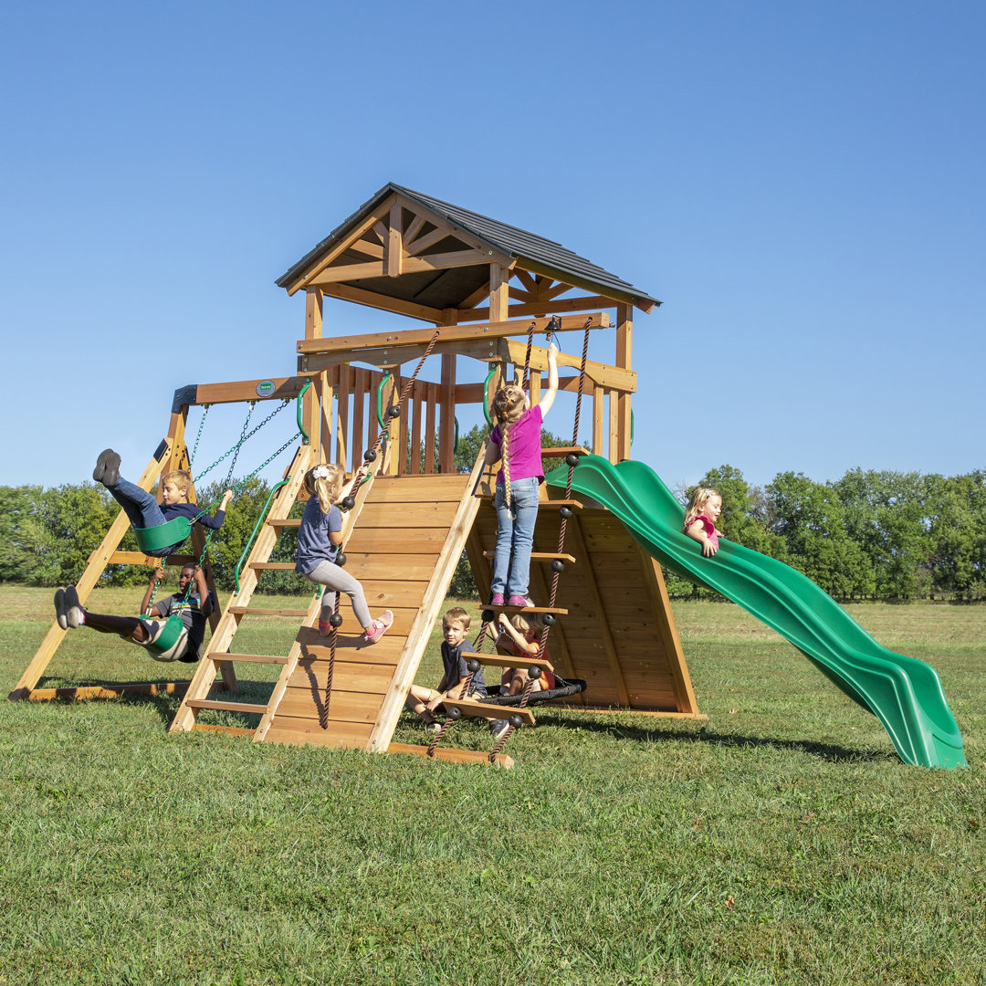 Backyard Discovery Endeavor Cedar Wood Swing Set with Wave Slide, Play Deck, Double Rock Wall, and Rope Ladder Backyard Discovery