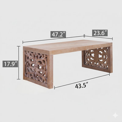 47.2" Center Table With A Handcrafted, Carved Wood Appearance, Ornate Side Panels, And A Natural Finish.