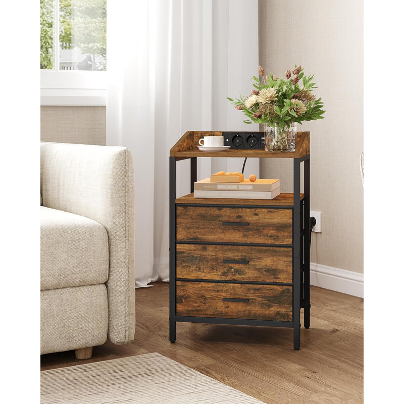 Bedside Table with LED Lights and Charging Station, Bedside Cabinet with 3 Fabric Storage Drawers and Shelves, Nightstand with USB Ports & TypeC for Bedroom, Livingroom 