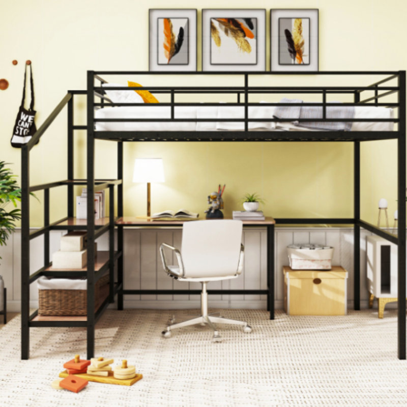 Lit mezzanine double en métal avec bureau et échelle de rangement latérale, cadre de lit, Noir