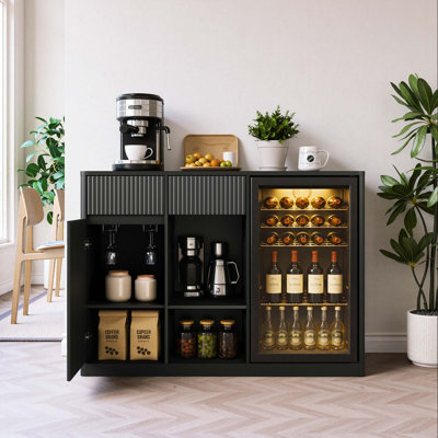 Modern Fluted Bar Cabinet with Fridge Compartment, Adjustable Shelves & Power Outlets