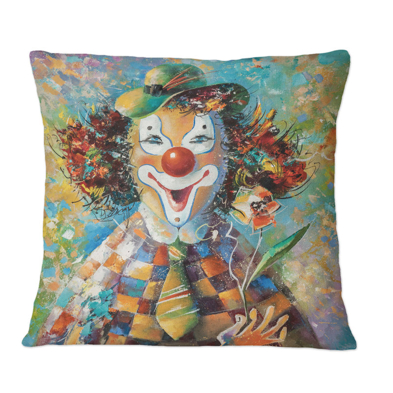 Coussin coloré clown avec fleurs - Art imprimé pour enfants, 16 po x 16 po