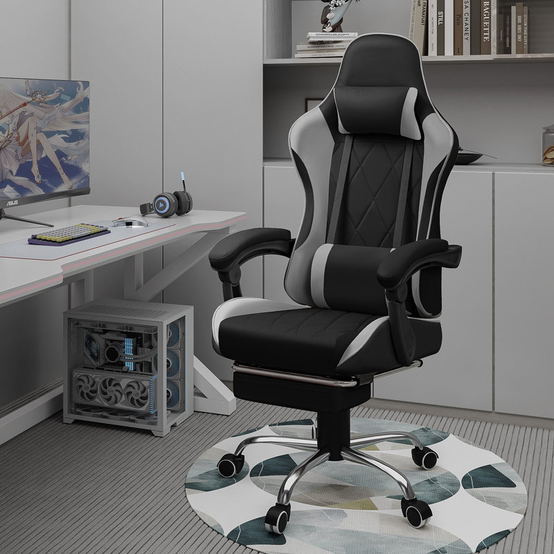 The Twillery Co.® Adjustable Reclining Ergonomic Faux Leather Swiveling PC & Racing Game Chair with Footrest, Gray