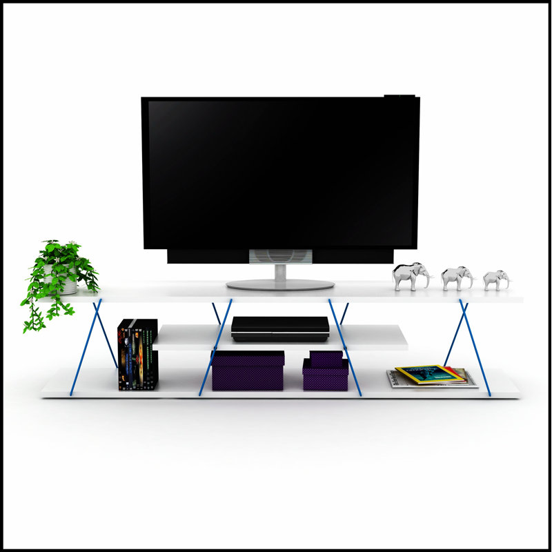 FurnisHome Store Tars Mid Century Modern TV Stand with 4 Shelves, Open Storage, and Metal Cords, 56 Inch Low TV Unit, White