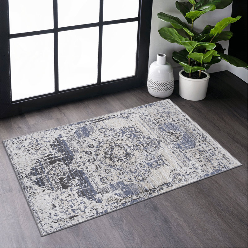 Cream / Blue / Medallion Area Rug, Rectangle 2' x 3'