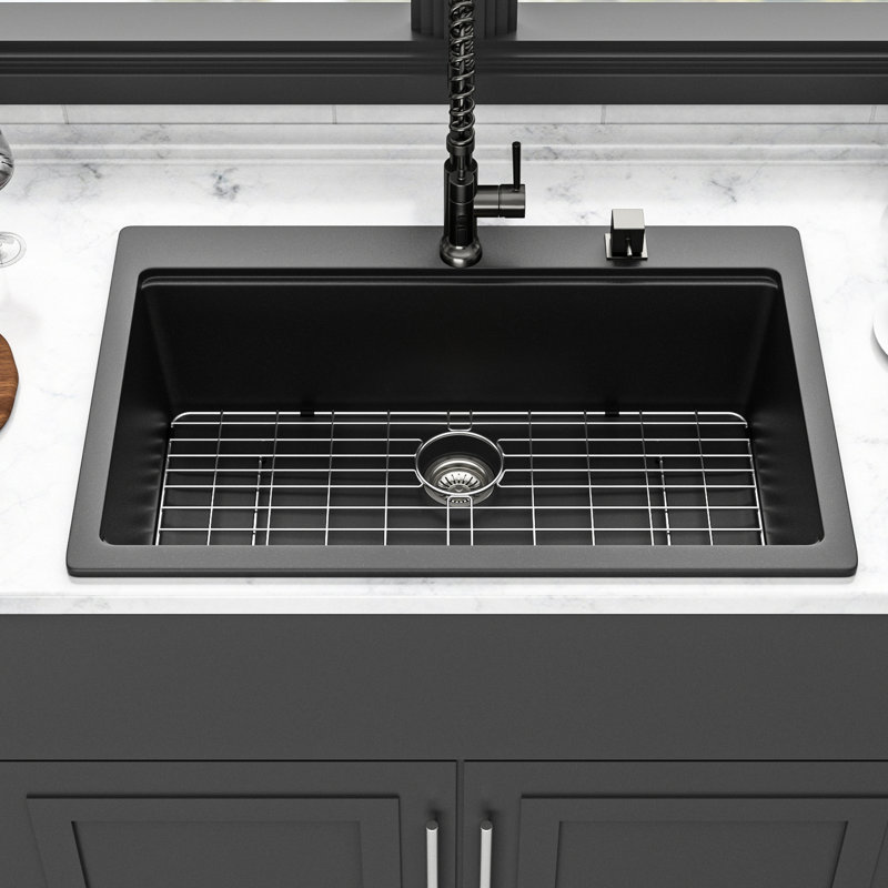 33X22" Black Quartz Workstation Drop - In Kitchen Sink, High End Quartz, Thick And Strong, Smooth Surface Protects Hands, Comes With Installation Accessories Strainers Quiet Package Guide