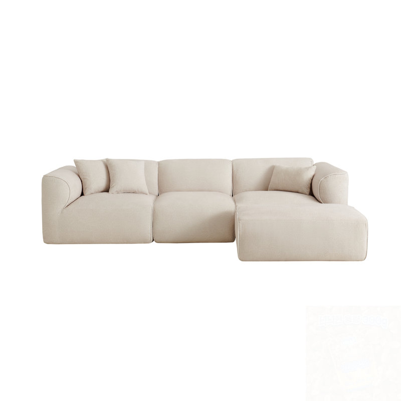 L-Shape Sectional Sofa With 3 Throw Pillows, Beige Velvet