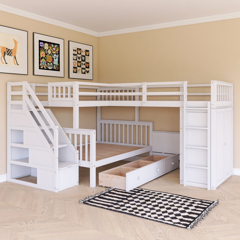 Lit superposé simple en L simple avec 3 tiroirs, bureau portatif et garde-robe, Blanc