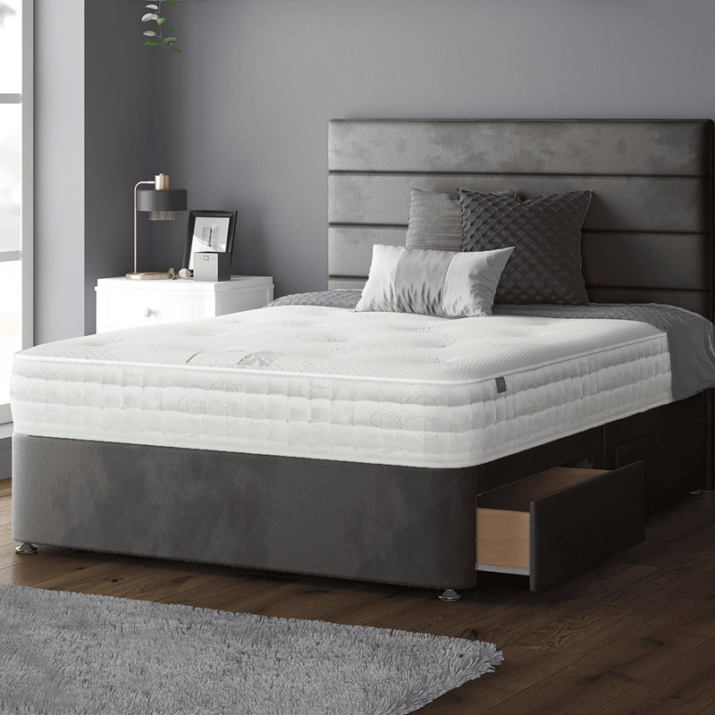Kiara Stripped Floor Standing Headboard With Divan Base 4 Drawers Plush Velvet Mallard With And Metal Feet (Kingsize)