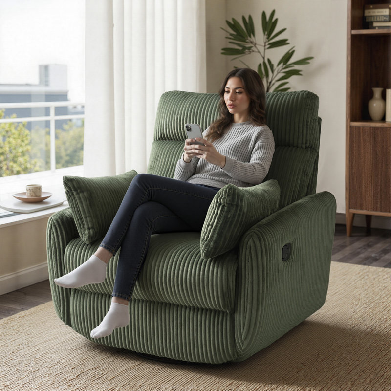 37.5 Inch Modern Swivel Glider Recliner With Footrest And Adjustable Backrest,Soft Plush Corduroy Fabric, Green