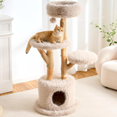 Tour pour arbre à chat en bois naturel avec poteau à griffer, tour à chat moderne de 53,5 pouces de hauteur avec lit douillet et condo, arbre à chat de luxe pour adultes