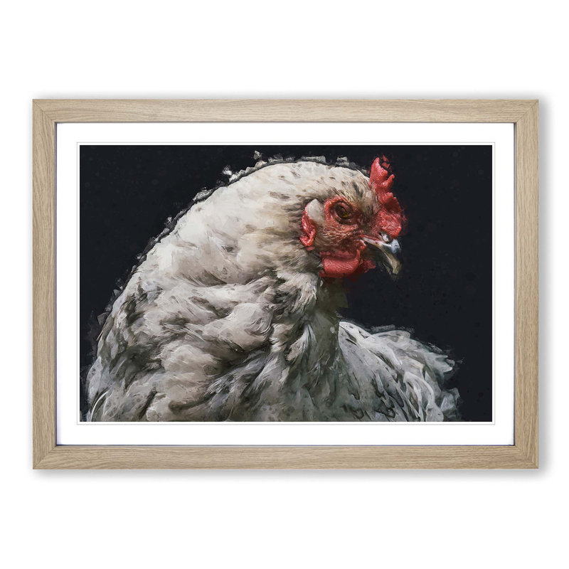 White Hen in Abstract - Picture Frame Graphic Art Print, 50cm H x 76cm W x 2cm D, Oak
