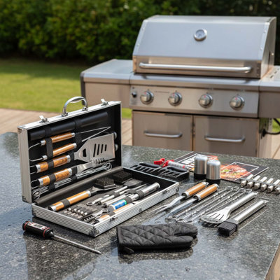 Ensemble de 38 outils de barbecue en acier inoxydable avec boîtier en aluminium, tapis et thermomètre
