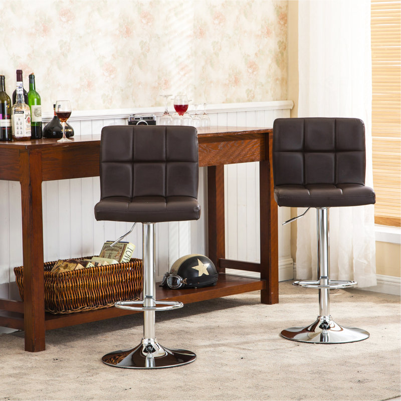 Swivel Faux Leather Adjustable Hydraulic Bar Stool, Set Of 2, Brown