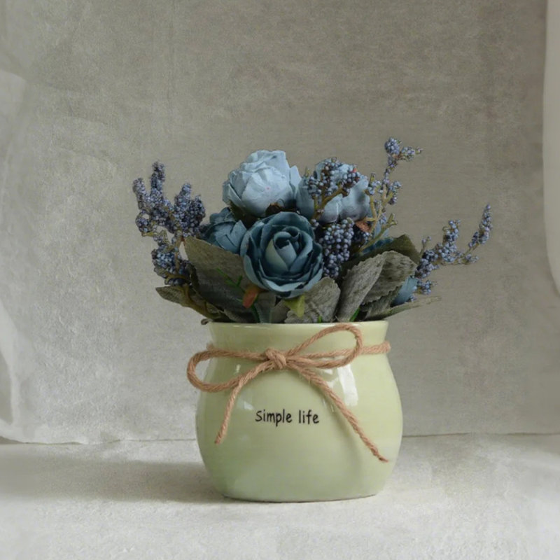 Bouquet de roses artificielles avec vase en céramique, arrangement de fleurs en soie artificielle pour mariage, pendaison de crémaillère et décoration intérieure