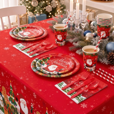 50-Person Red Christmas Dinnerware Set, Disposable Holiday Tableware Kit with Tablecloth, Cutlery and Decor