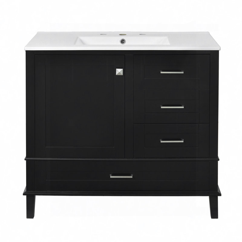 Meuble-lavabo moderne avec cadre en pin massif, 1 porte à fermeture douce et 3 tiroirs, armoire de rangement moderne, Noir