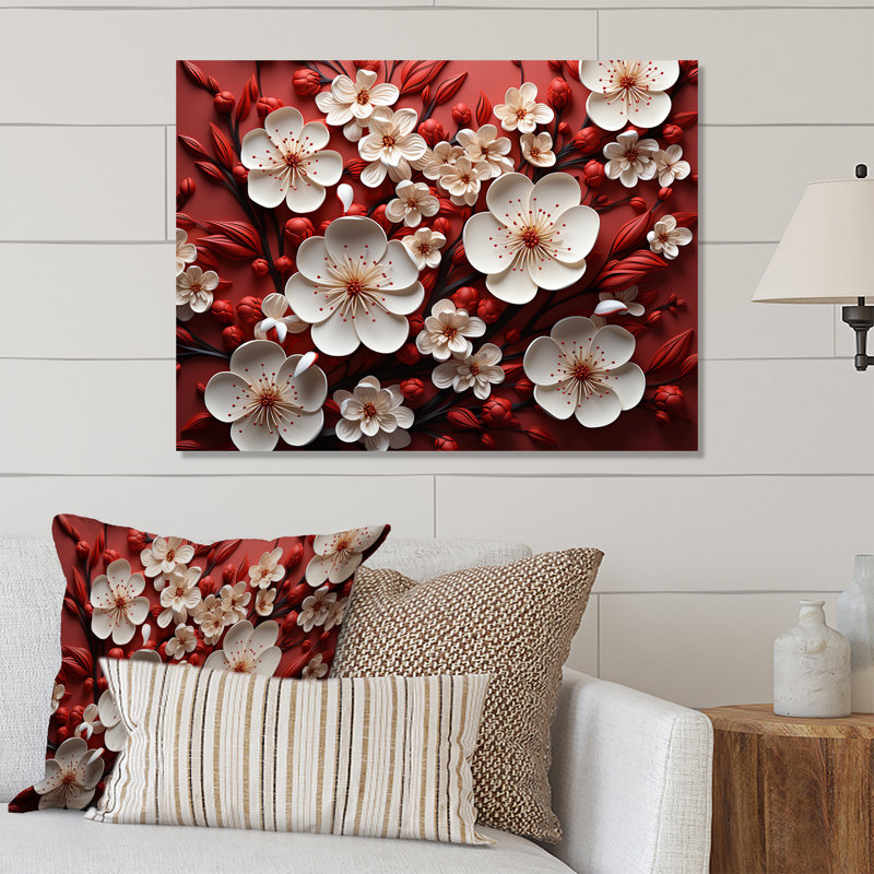 Orchidées blanches et rouges II - art mural floral abstrait en métal, H 16 po x l 32 po x P 1 po