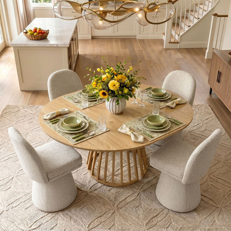 4- Person Dining Table Sets With Extendabe Oval Table & 4 Upholstered Tweed Swivel Chairs, Oatmeal