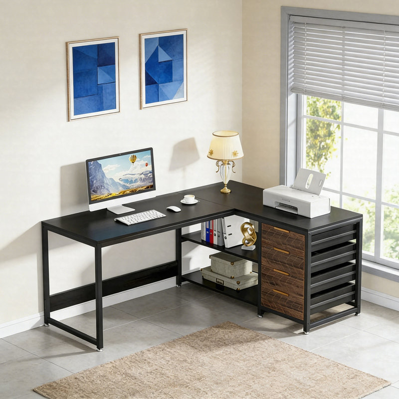 Bureau en L 59 po réversible - Bureau d'ordinateur d'angle avec tiroirs et tablettes, Noir