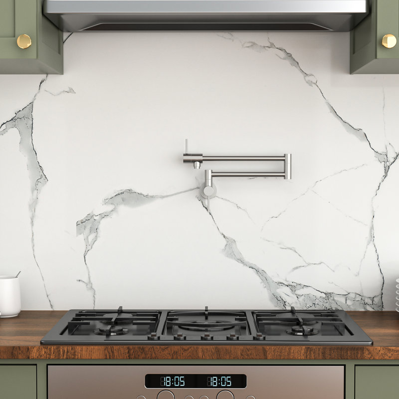 Robinet remplisseur mural à deux poignées en nickel brossé, bras pivotant à 360 °, pliable et extensible, laiton pour remplissage de cuisine sur robinet de robinet de cuisinière, nickel, poignées, pivotant, conception facile à installer