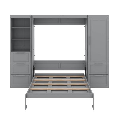 Grand lit escamotable mural avec placard, tiroirs et tablettes