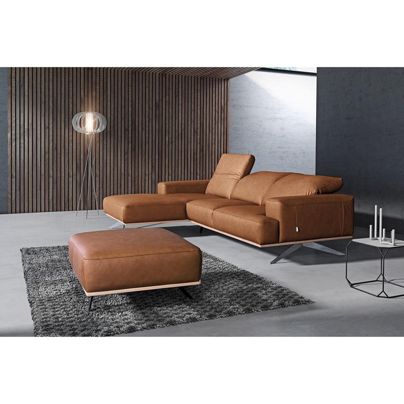 Edeltraut Genuine Leather Corner Sofa with Wooden Frame, Left Hand Facing, Cognac