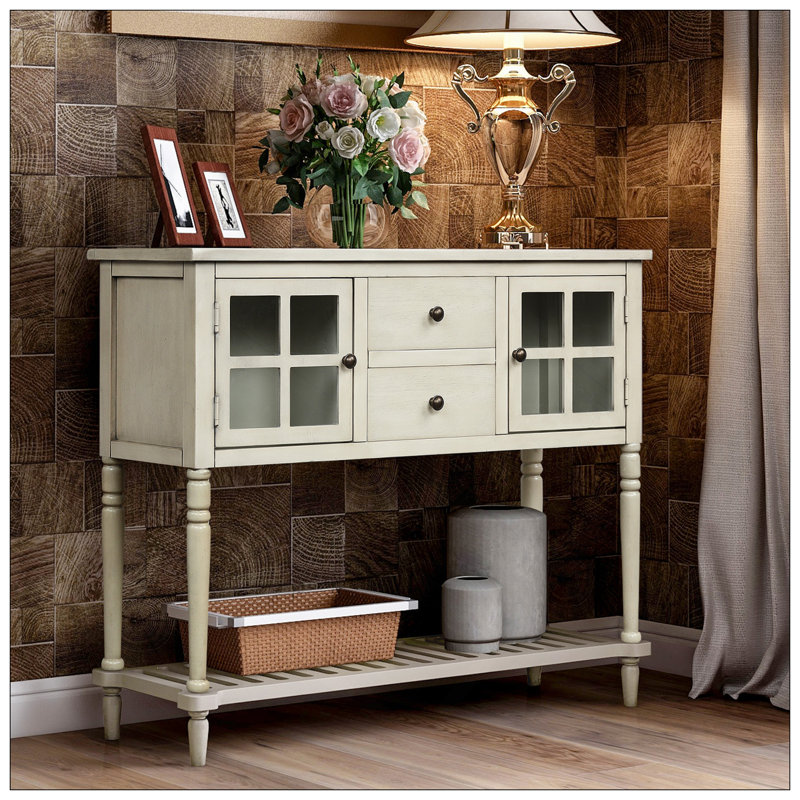 Console de buffet avec tablette inférieure, armoire de rangement en bois / verre de style campagnard (gris antique)