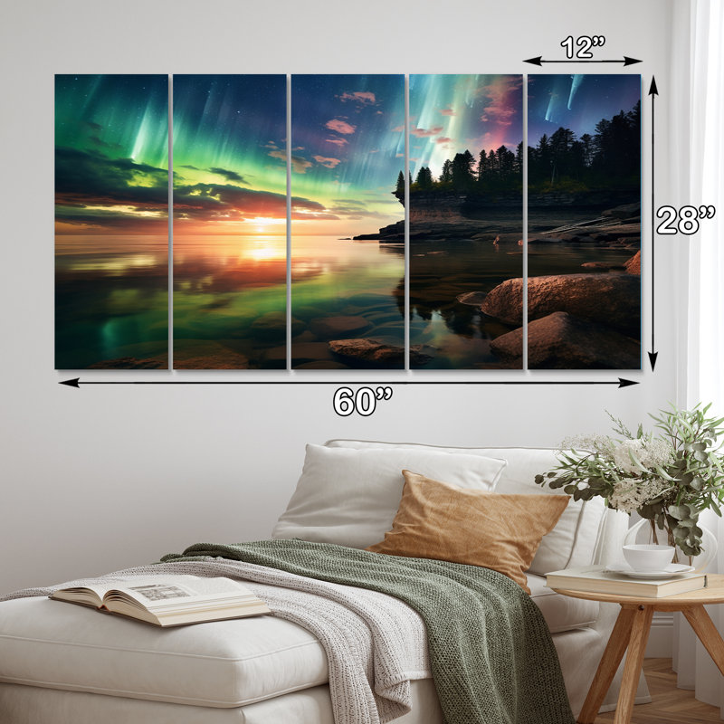 Magical Lake Landscape Aurora Borealis III - Northern Lights, reproduction sur toile - 5 panneaux égaux