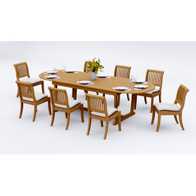 7 Pcs Grade-A Teak Wood Dining Set: 118" Double Extension Mas Oval Trestle Leg Table And 6 Arbor Stacking Armless Chairs #11AB2700