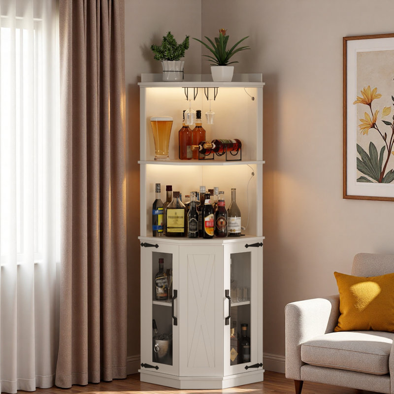 Corner Bar Cabinet With Power Outlet, Adjustable Shelves, Led Light, Glass Holders And Wine Racks
