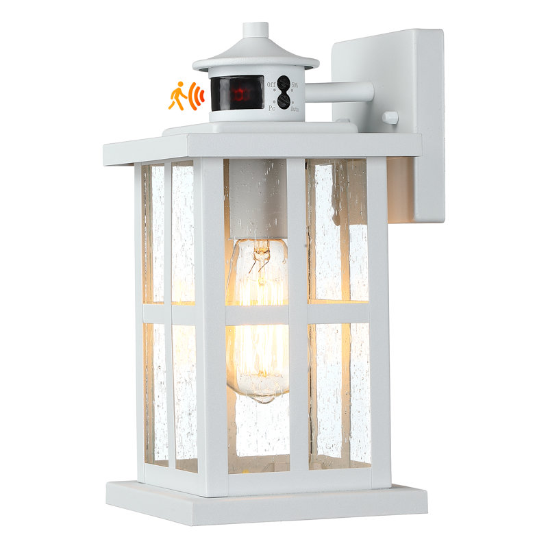 12" 1-Light Motion Sensor and Dusk to Dawn Outdoor Wall Sconce with  Seeded Glass Shade, White Wall Lantern, White, 1 Light
