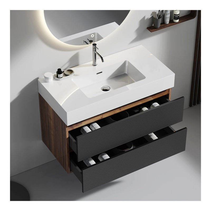 Meuble-lavabo Grace en noyer avec lavabo à surface solide et tiroirs noir doux, Blanc lustré