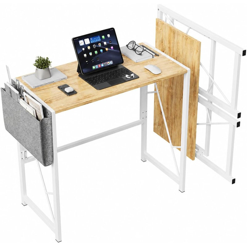 Space-Saving Folding Computer Desk 80cm – Side Pocket & Hooks – Sturdy Metal Frame, Easy Assembly – Compact Writing Table for Home Office, Bedroom, or Balcony