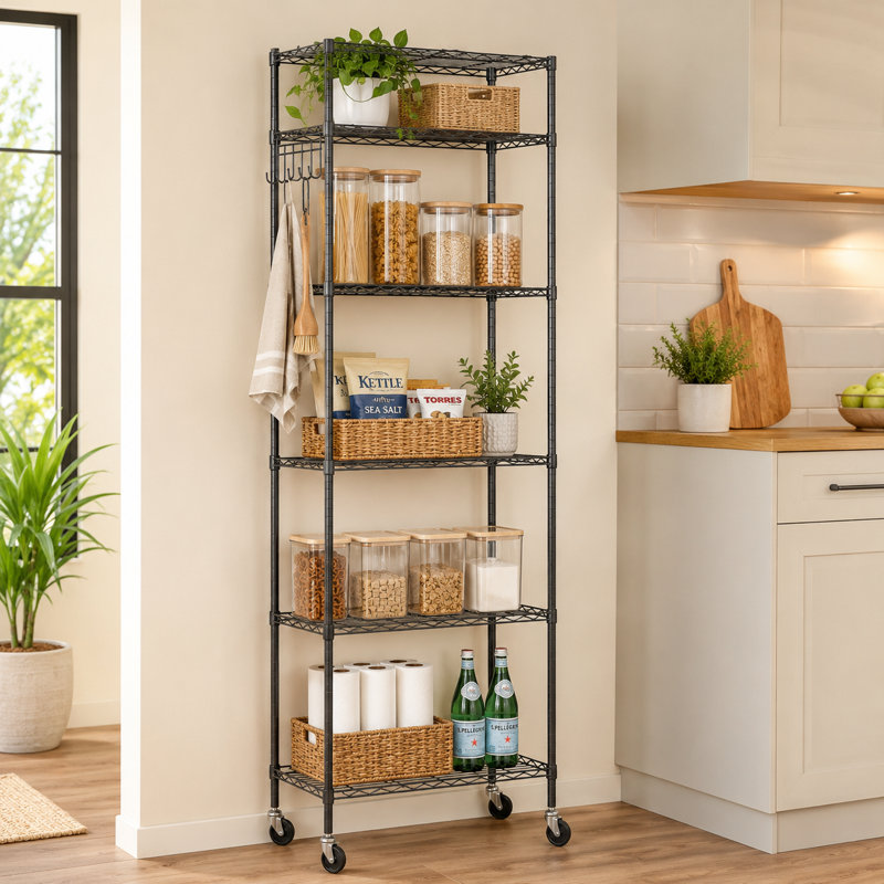 Étagère de rangement à 6 niveaux avec grille métallique sur roulettes et crochets latéraux en acier inoxydable, Black