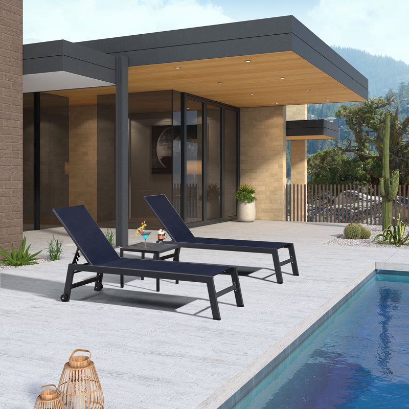 Latitude Run Outdoor Rust-Resistant Metal Chaise Lounge with Table, Navy