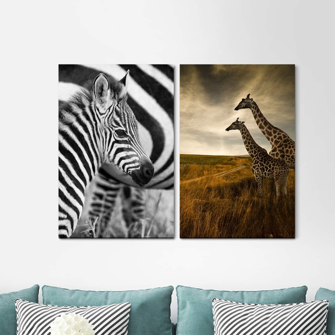 2-tlg. Leinwandbilder-Set - Fotografie „Zebra Baby Giraffes Africa Nature Wilderness Safari Animals”